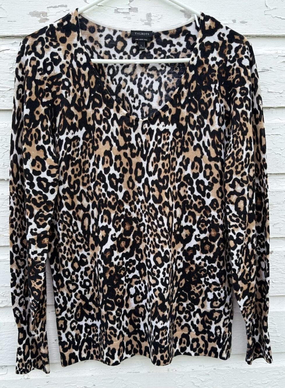Talbots Sweater Animal Print 100% Merino Wool Scoop Neck Bloused Sleeve Leopard